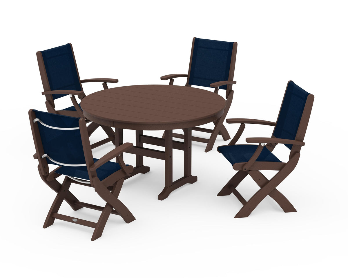 POLYWOOD Coastal Folding Chair 5-Piece Round Dining Set in Mahogany / Navy Blue