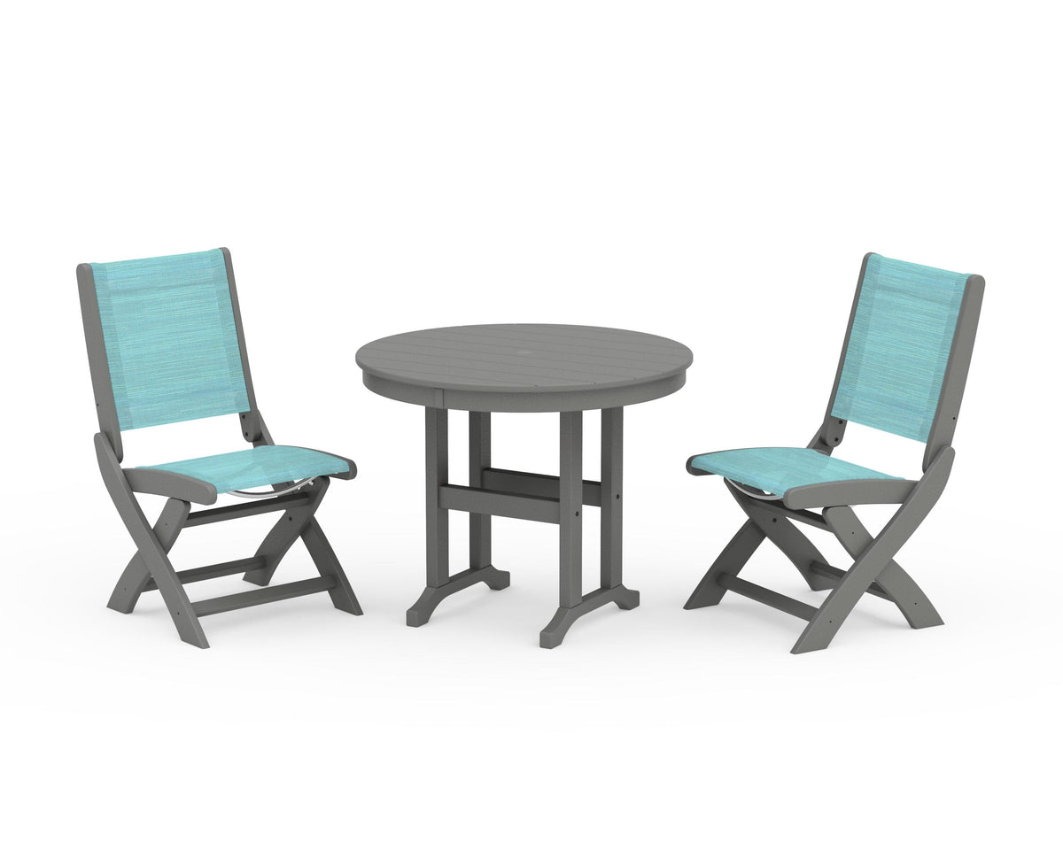 POLYWOOD Coastal Folding Side Chair 3-Piece Round Dining Set in Slate Grey / Dupioni Aquamarine