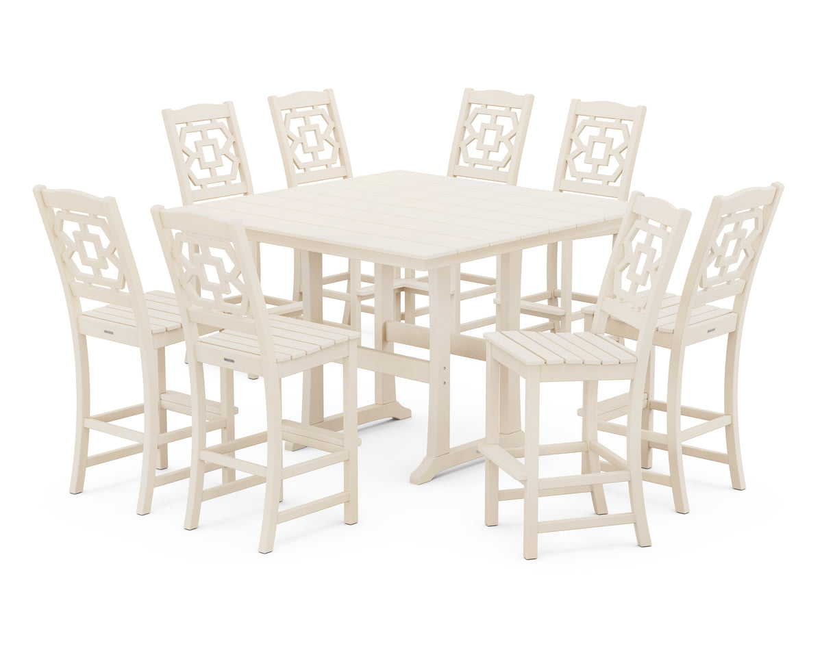 POLYWOOD Chinoiserie 9-Piece Square Farmhouse Side Chair Bar Set with Trestle Legs in Sand