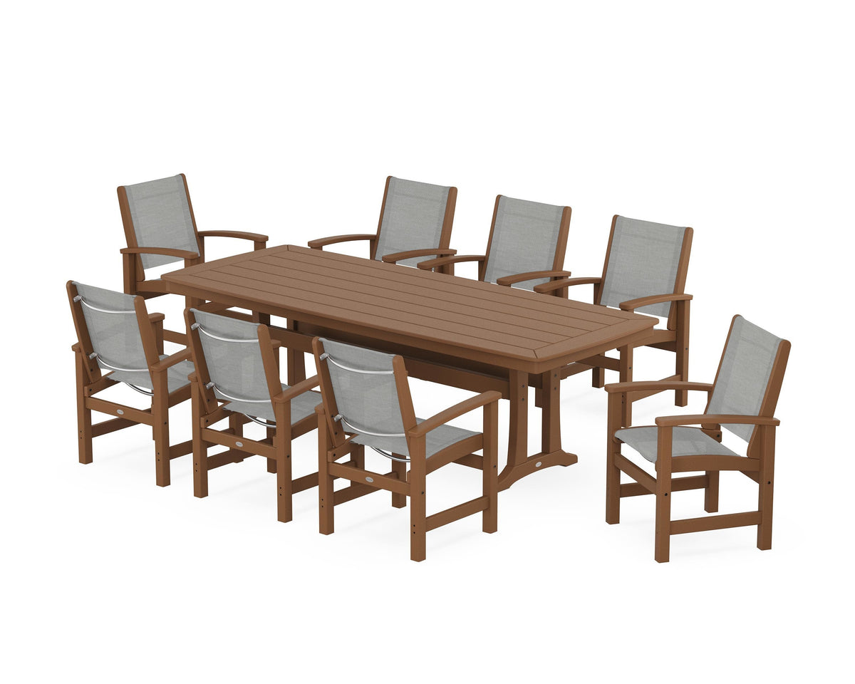 POLYWOOD Coastal 9-Piece Dining Set with Trestle Legs in Teak / Metallic