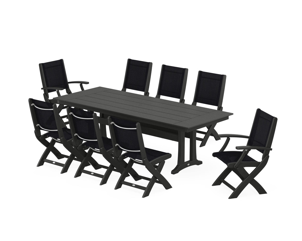 POLYWOOD Coastal 9-Piece Folding Dining Chair Farmhouse Dining Set with Trestle Legs in Black / Black