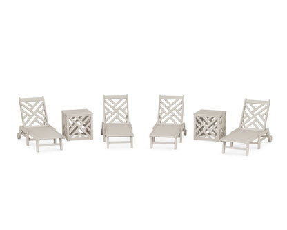 POLYWOOD Chippendale 6-Piece Chaise Set with Wheels and Umbrella Stand Accent Table in Sand
