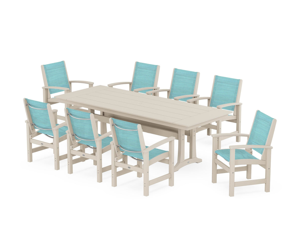 POLYWOOD Coastal 9-Piece Farmhouse Dining Set with Trestle Legs in Sand / Dupioni Aquamarine