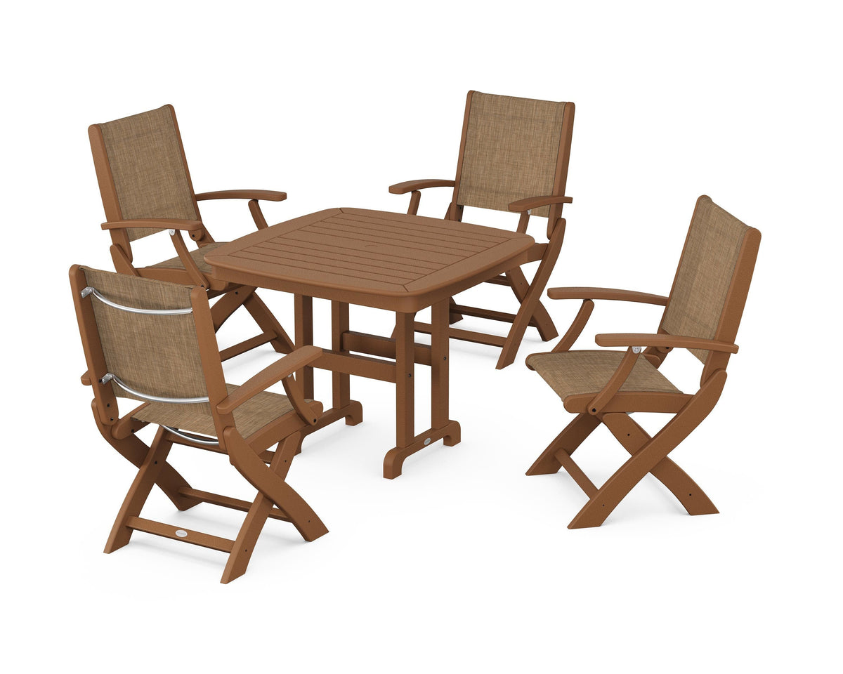 POLYWOOD Coastal Folding Chair 5-Piece Dining Set with Nautical 37" Dining Table in Teak / Burlap