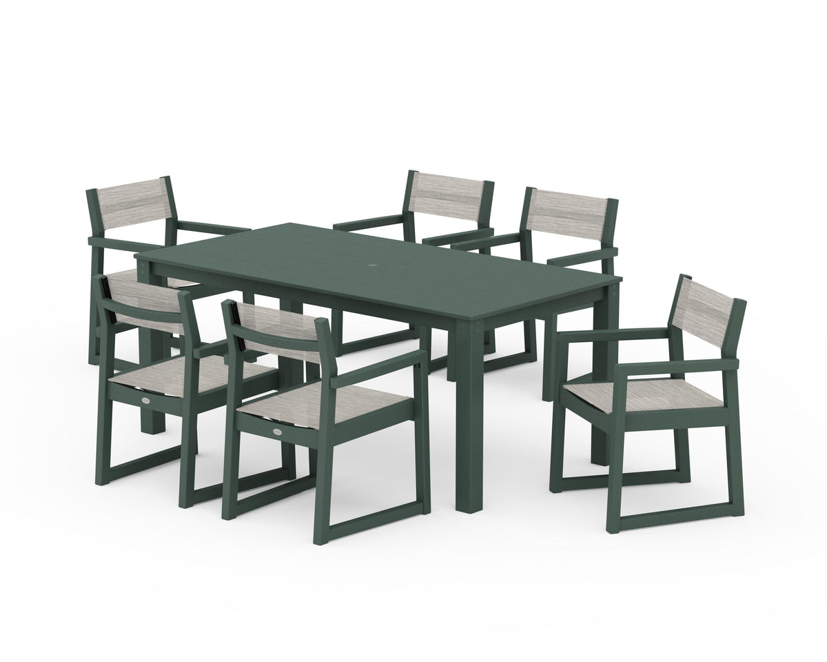 POLYWOOD EDGE Sling Arm Chair 7-Piece Parsons Dining Set in Green / Birch
