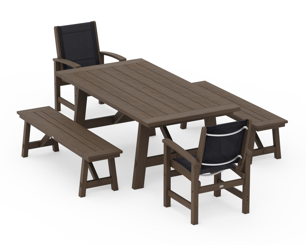 POLYWOOD Coastal 5-Piece Rustic Farmhouse Dining Set With Benches in Kona / Black