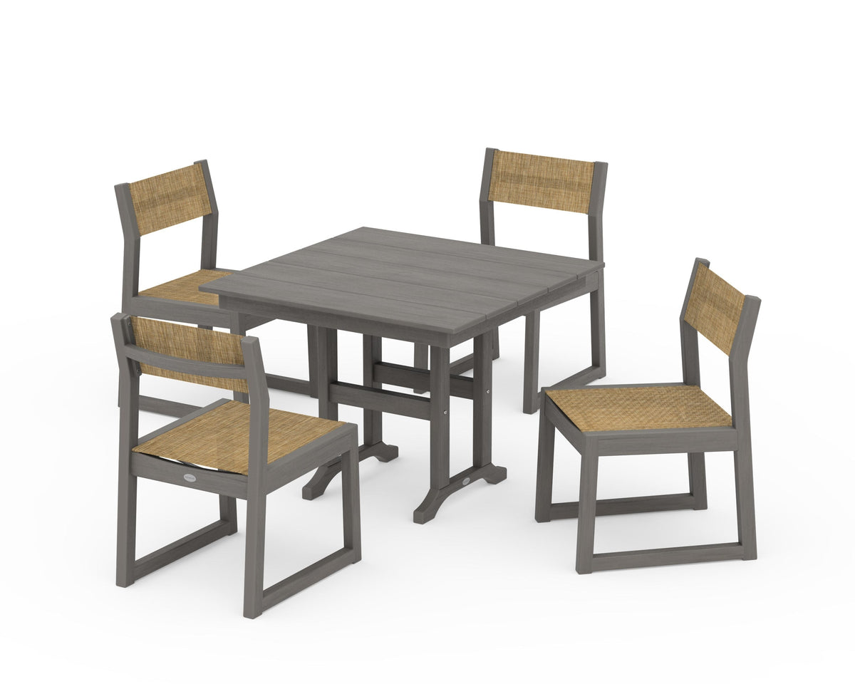 POLYWOOD EDGE Sling Side Chair 5-Piece Farmhouse Dining Set in Driftwood / Burlap