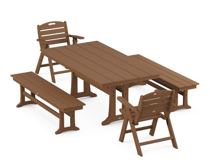 POLYWOOD Nautical Folding Lowback Chair 5-Piece Farmhouse Dining Set with Trestle Legs - 37" x 72" Table in Teak