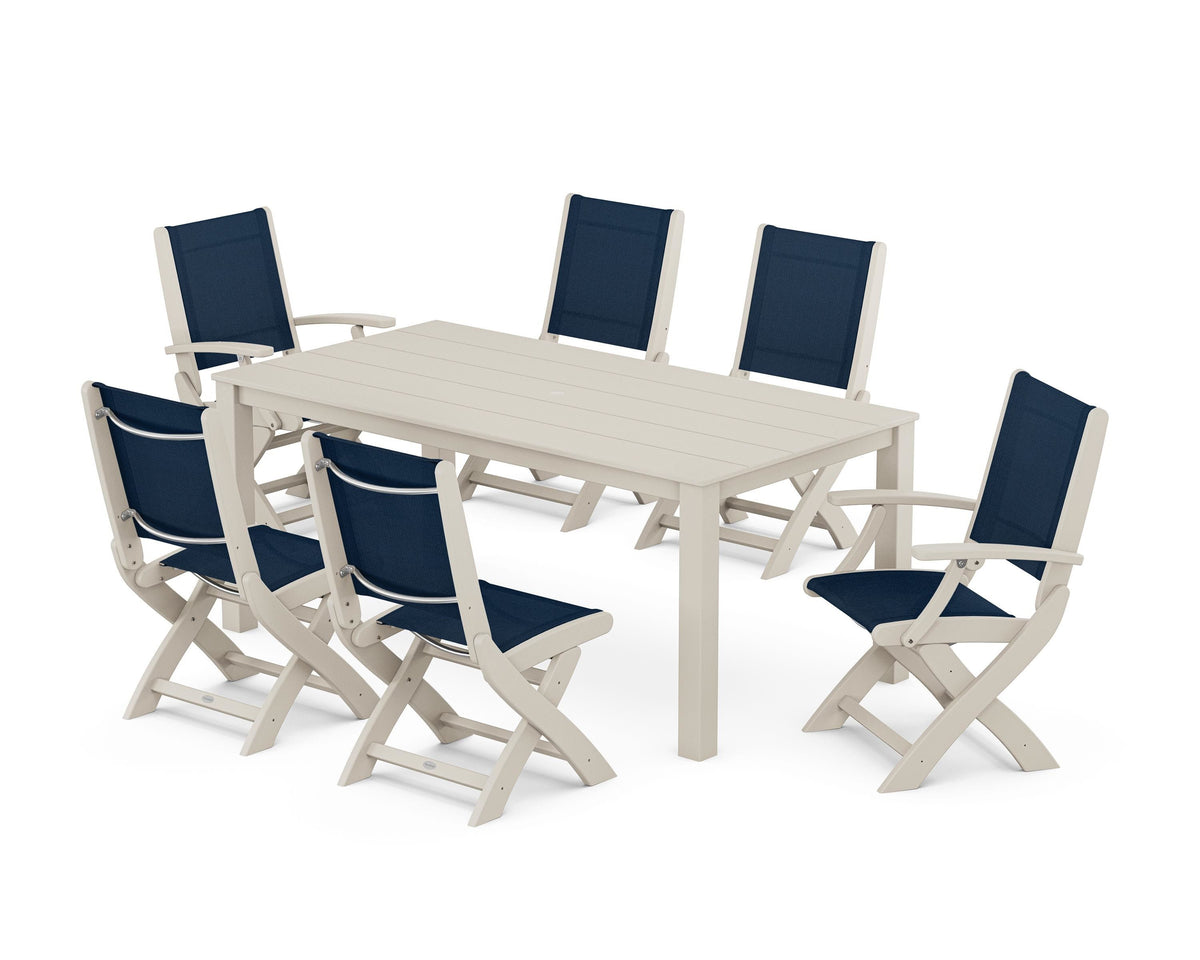POLYWOOD Coastal Folding Chair 7-Piece Parsons Dining Set with Coastal Folding Side Chair in Sand / Navy Blue