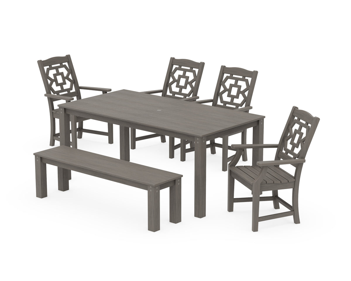 POLYWOOD Chinoiserie 6-Piece Parsons Dining Set with Bench in Driftwood