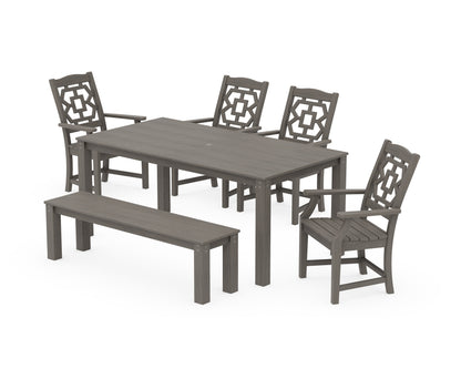 POLYWOOD Chinoiserie 6-Piece Parsons Dining Set with Bench in Driftwood