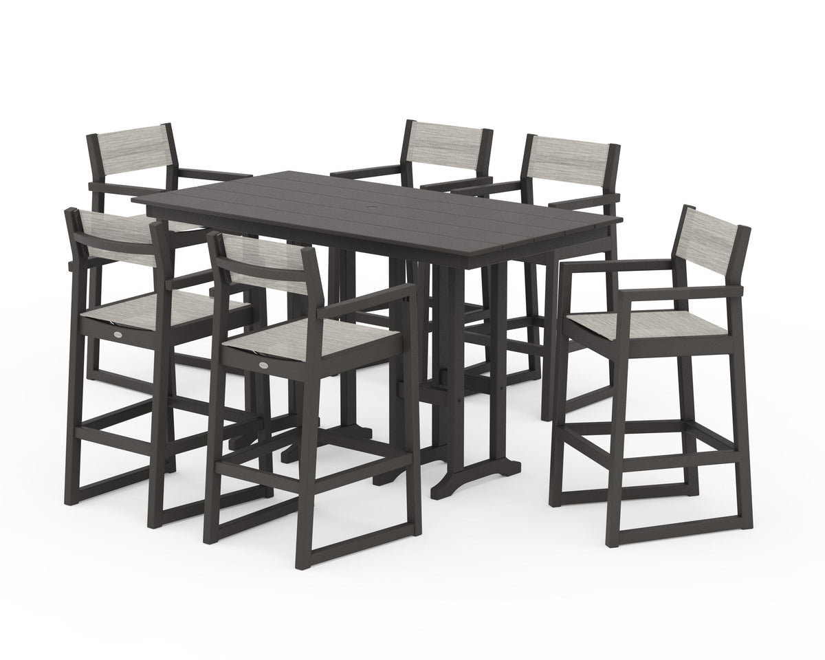 POLYWOOD EDGE Sling Arm Chair 7-Piece Farmhouse Bar Set in Vintage Coffee / Birch
