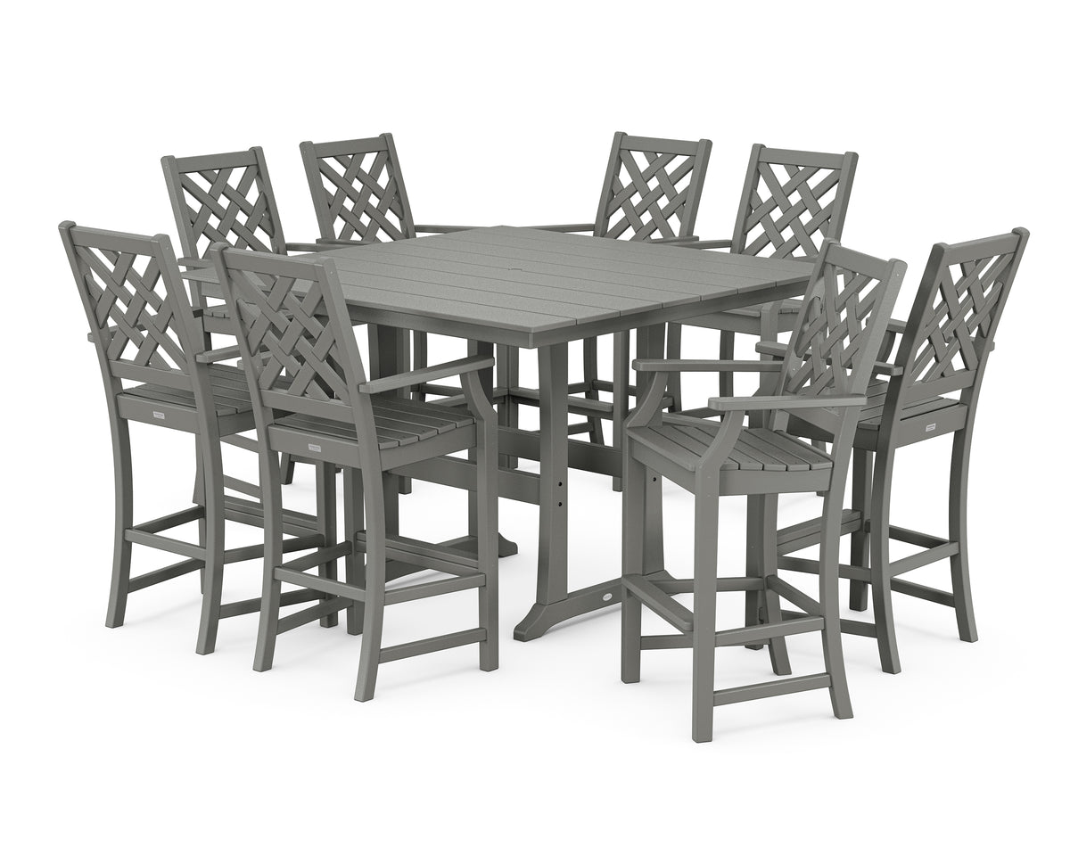 POLYWOOD Country Living Wovendale 9-Piece Square Farmhouse Bar Set with Trestle Legs in Slate Grey