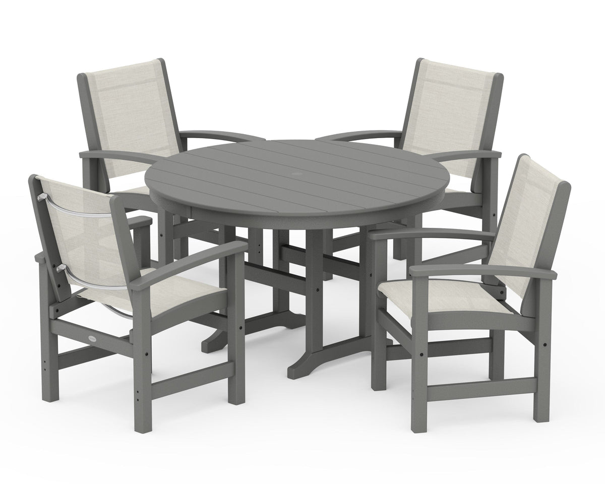 POLYWOOD Coastal 5-Piece Round Farmhouse Dining Set in Slate Grey / Parchment