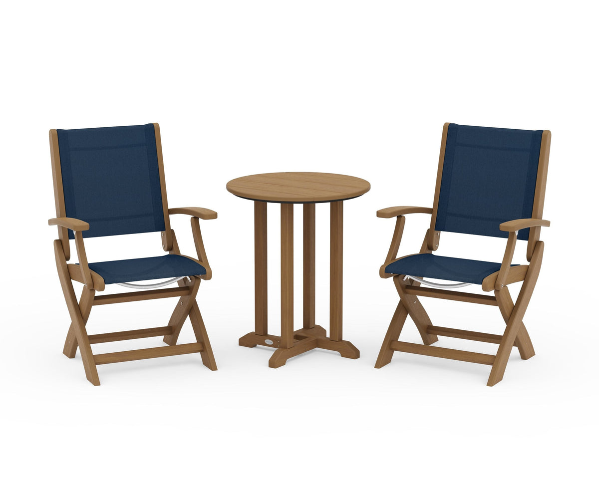 POLYWOOD Coastal Folding 3-Piece Round Bistro Dining Set in Natural / Navy Blue