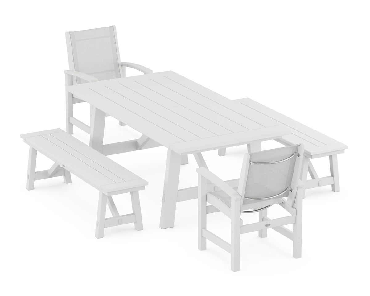 POLYWOOD Coastal 5-Piece Rustic Farmhouse Dining Set With Benches in White / White