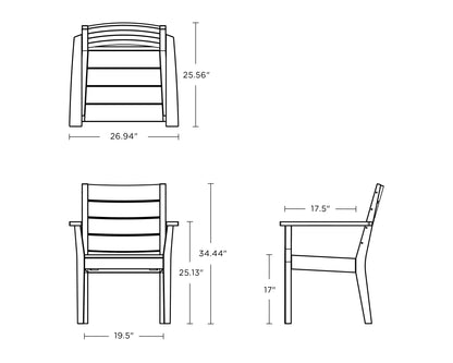 POLYWOOD Latitude Dining Arm Chair dimension drawing with width, depth and height measurements
