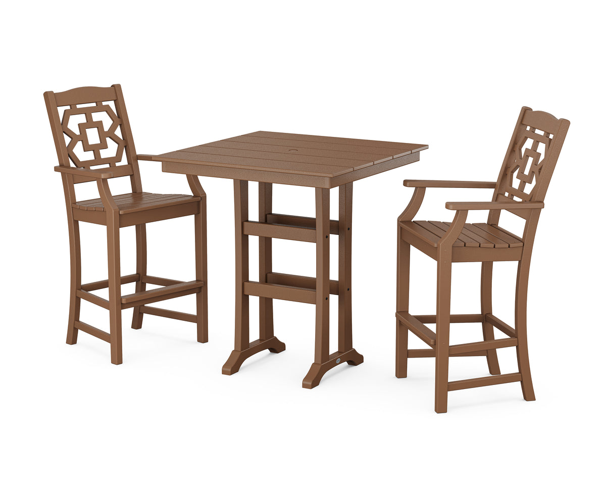 POLYWOOD Chinoiserie 3-Piece Farmhouse Bar Set with Trestle Legs in Teak