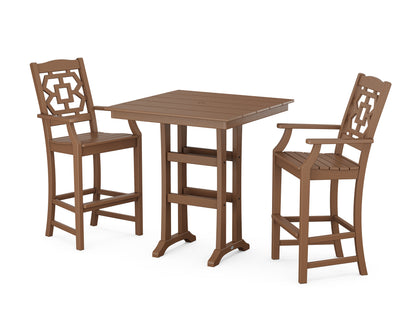 POLYWOOD Chinoiserie 3-Piece Farmhouse Bar Set with Trestle Legs in Teak