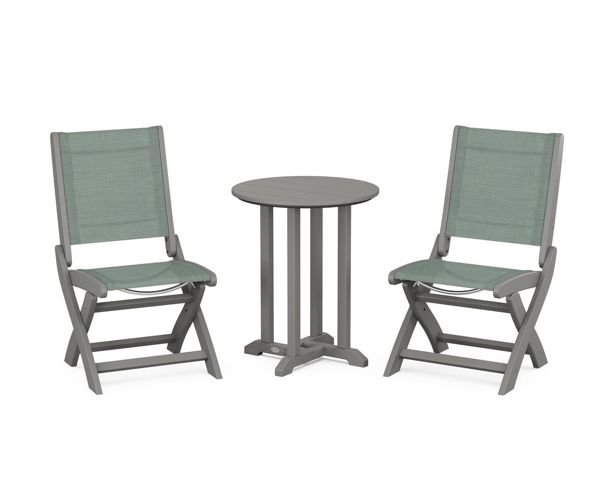 POLYWOOD Coastal Folding Side Chair 3-Piece Round Bistro Dining Set in Slate Grey / Dupioni Sea Mist