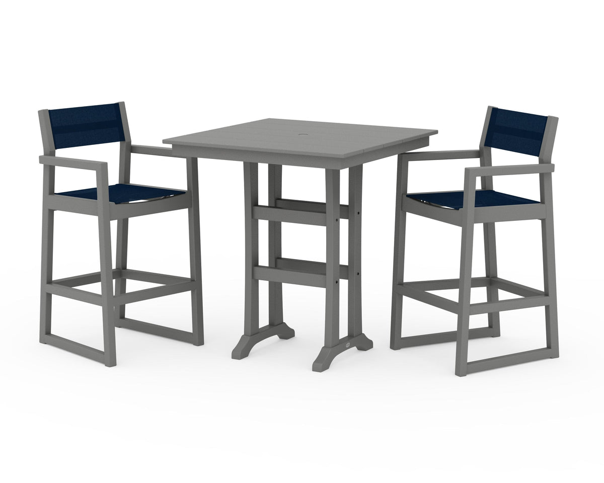 POLYWOOD EDGE Sling Arm Chair 3-Piece Farmhouse Bar Set with Trestle Legs in Slate Grey / Navy Blue