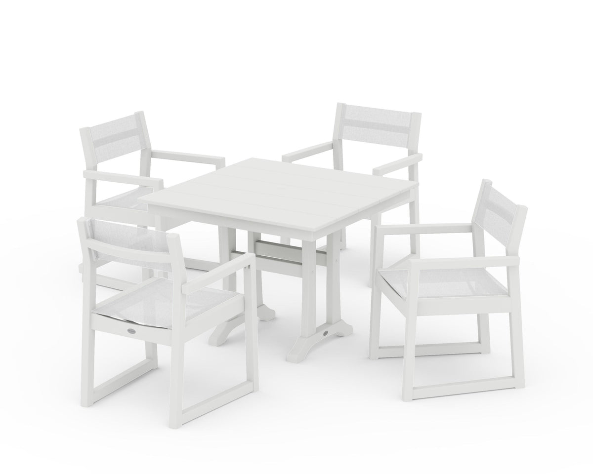 POLYWOOD EDGE Sling 5-Piece Farmhouse Dining Set with Trestle Legs in Vintage White / White