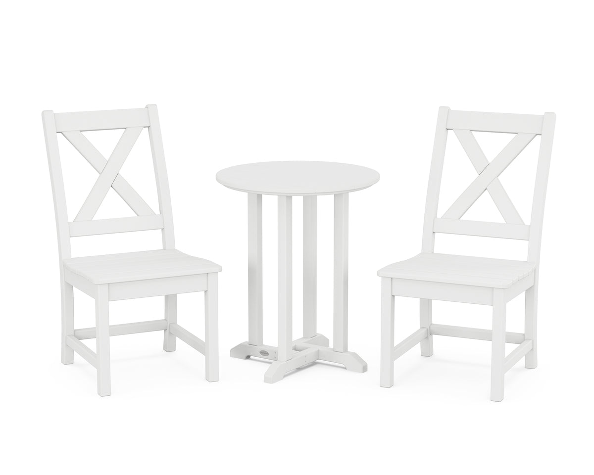 POLYWOOD Braxton Side Chair 3-Piece Round Bistro Dining Set in White