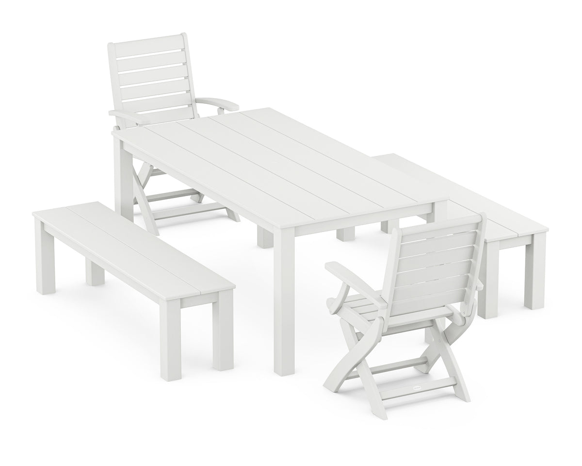 POLYWOOD Signature Folding Chair 5-Piece Parsons Dining Set with Benches in White