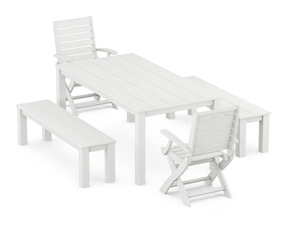 POLYWOOD Signature Folding Chair 5-Piece Parsons Dining Set with Benches in White