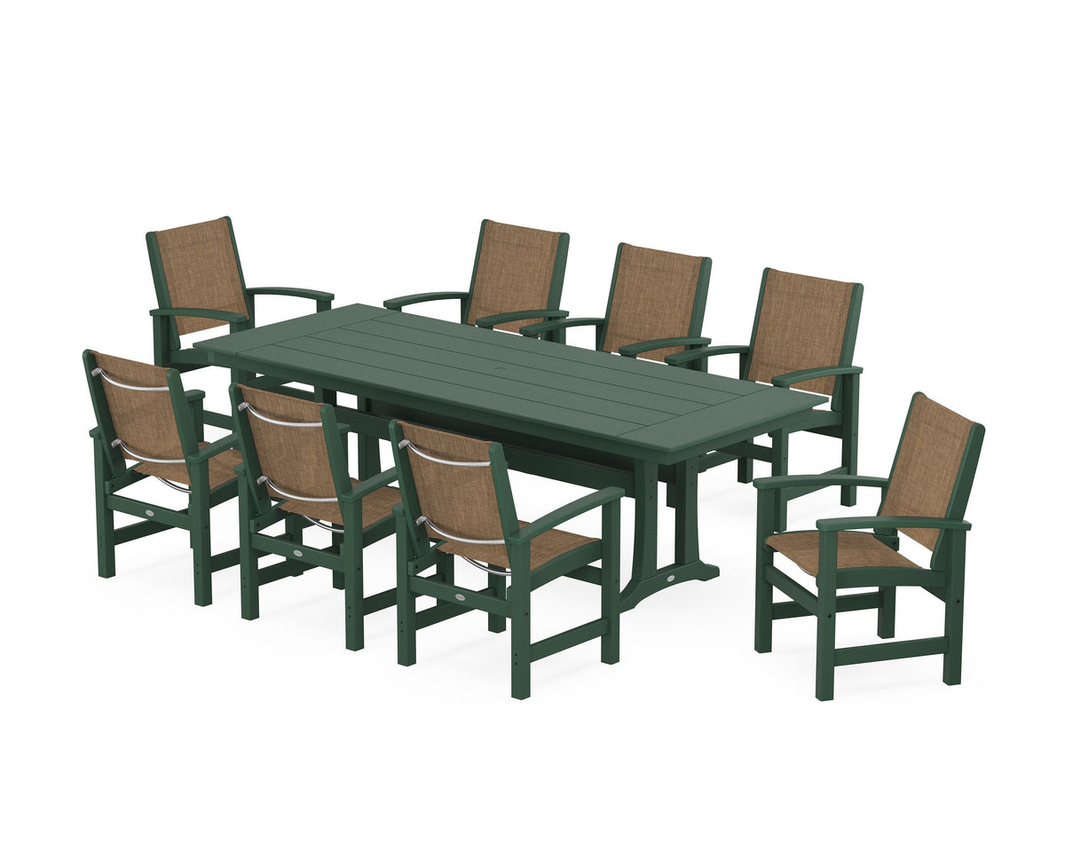 POLYWOOD Coastal 9-Piece Farmhouse Dining Set with Trestle Legs in Green / Burlap