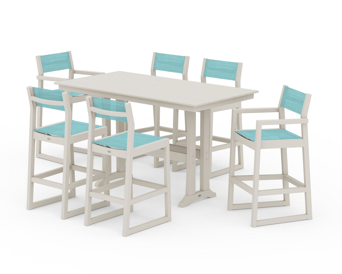 POLYWOOD EDGE Sling 7-Piece Farmhouse Bar Set with Trestle Legs in Sand / Dupioni Aquamarine