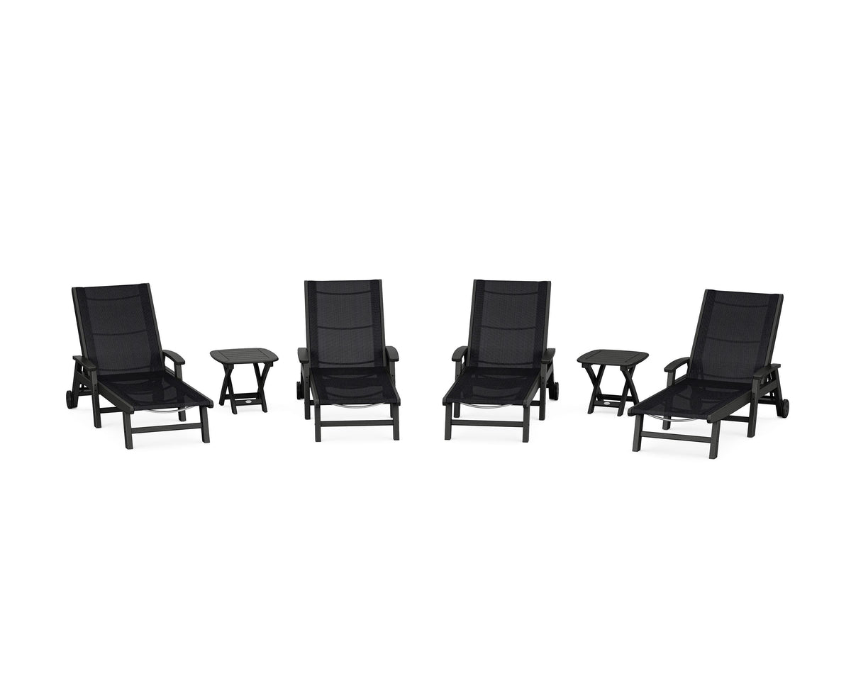 POLYWOOD Coastal Chaise 6-Piece Set with Wheels in Black / Black