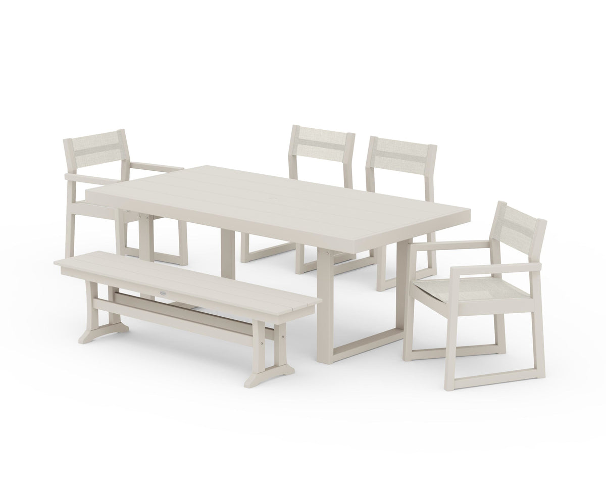POLYWOOD EDGE Sling 6-Piece Dining Set with Bench in Sand / Parchment