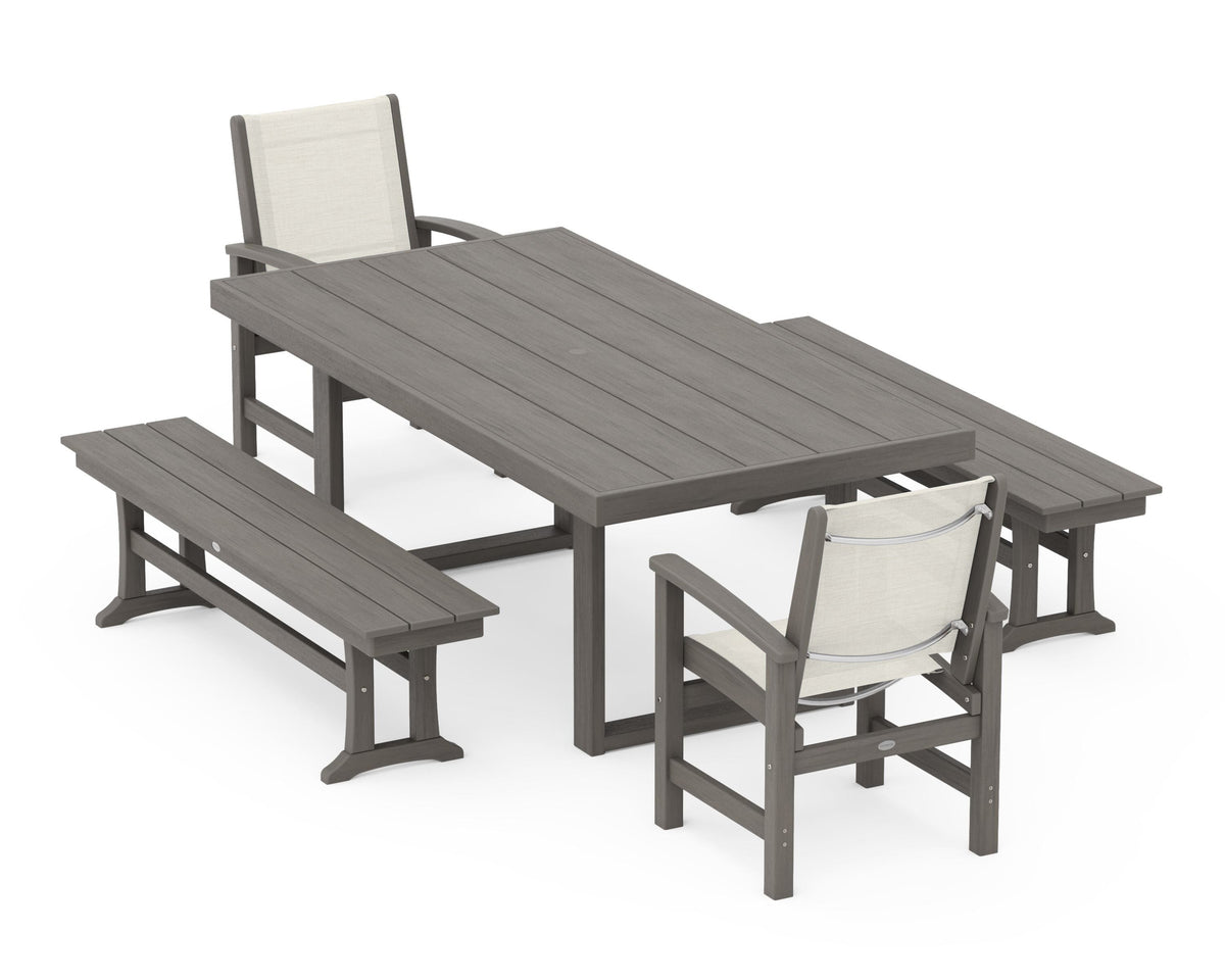 POLYWOOD Coastal 5-Piece Dining Set with Trestle Legs with EDGE 40" x 78" Dining Table in Driftwood / Parchment