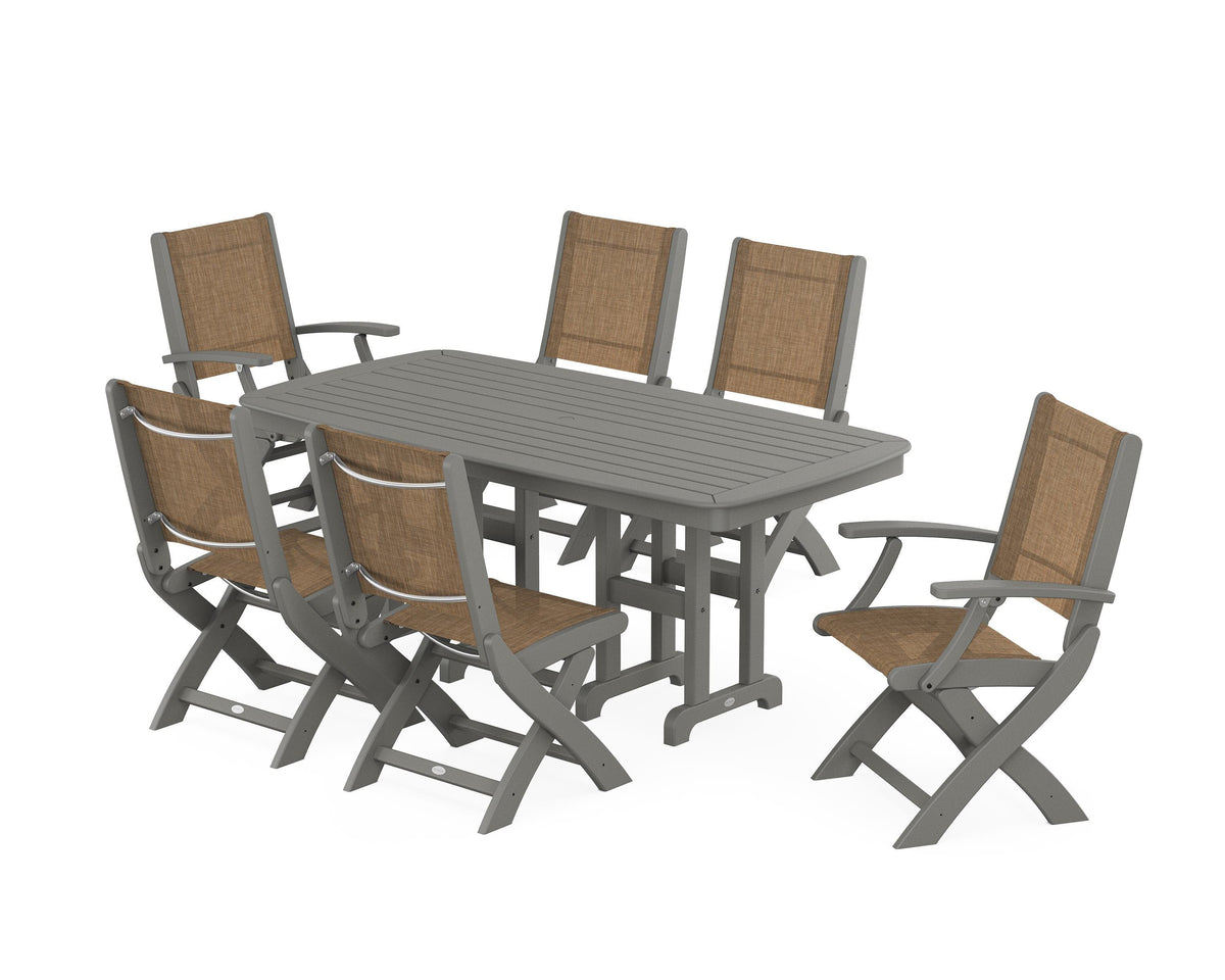 POLYWOOD Coastal Folding Chair 7-Piece Dining Set in Slate Grey / Burlap