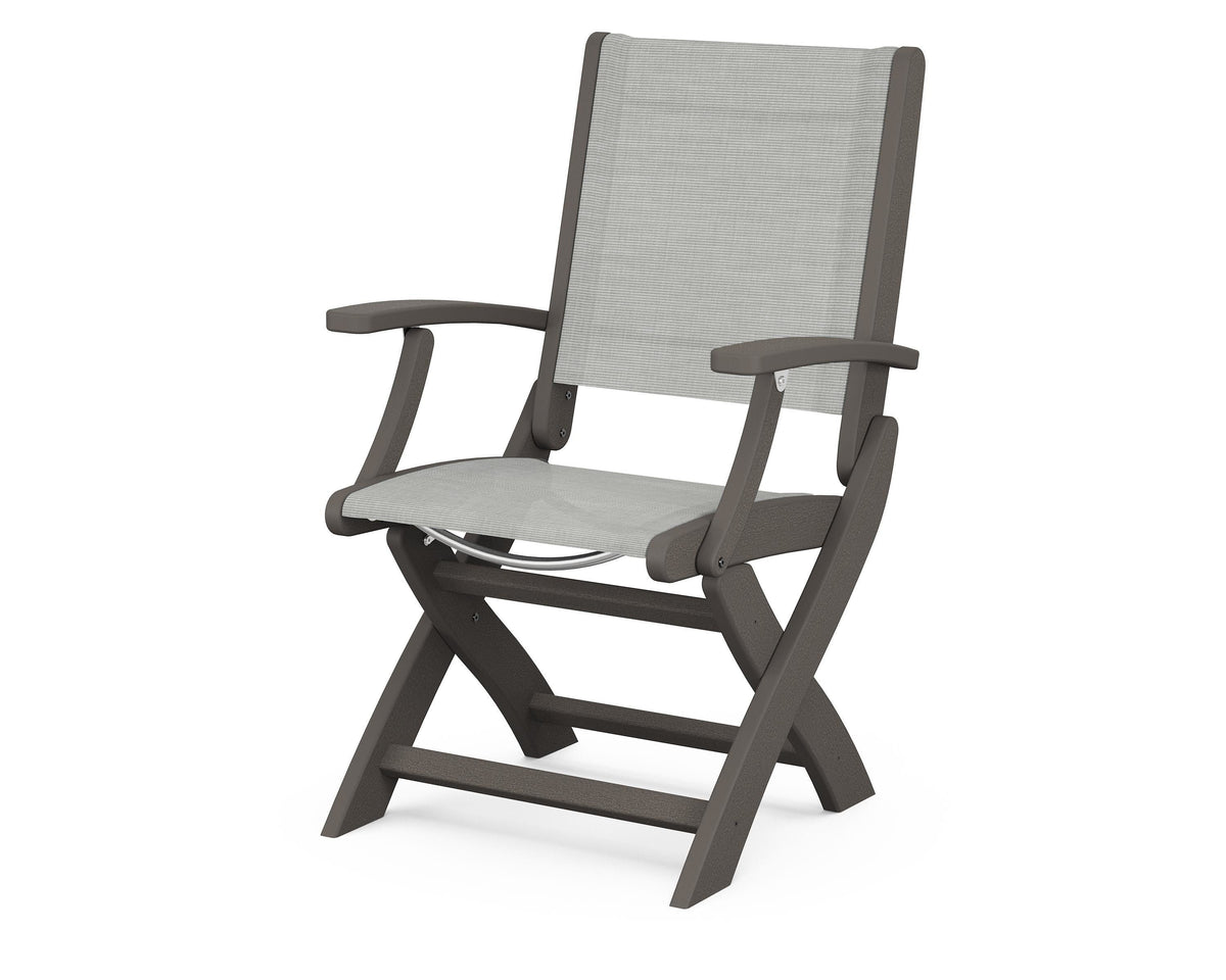 POLYWOOD Coastal Folding Chair in Vintage Coffee with Vintage Coffee arms and Metallic sling