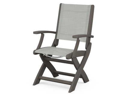 POLYWOOD Coastal Folding Chair in Vintage Coffee with Vintage Coffee arms and Metallic sling