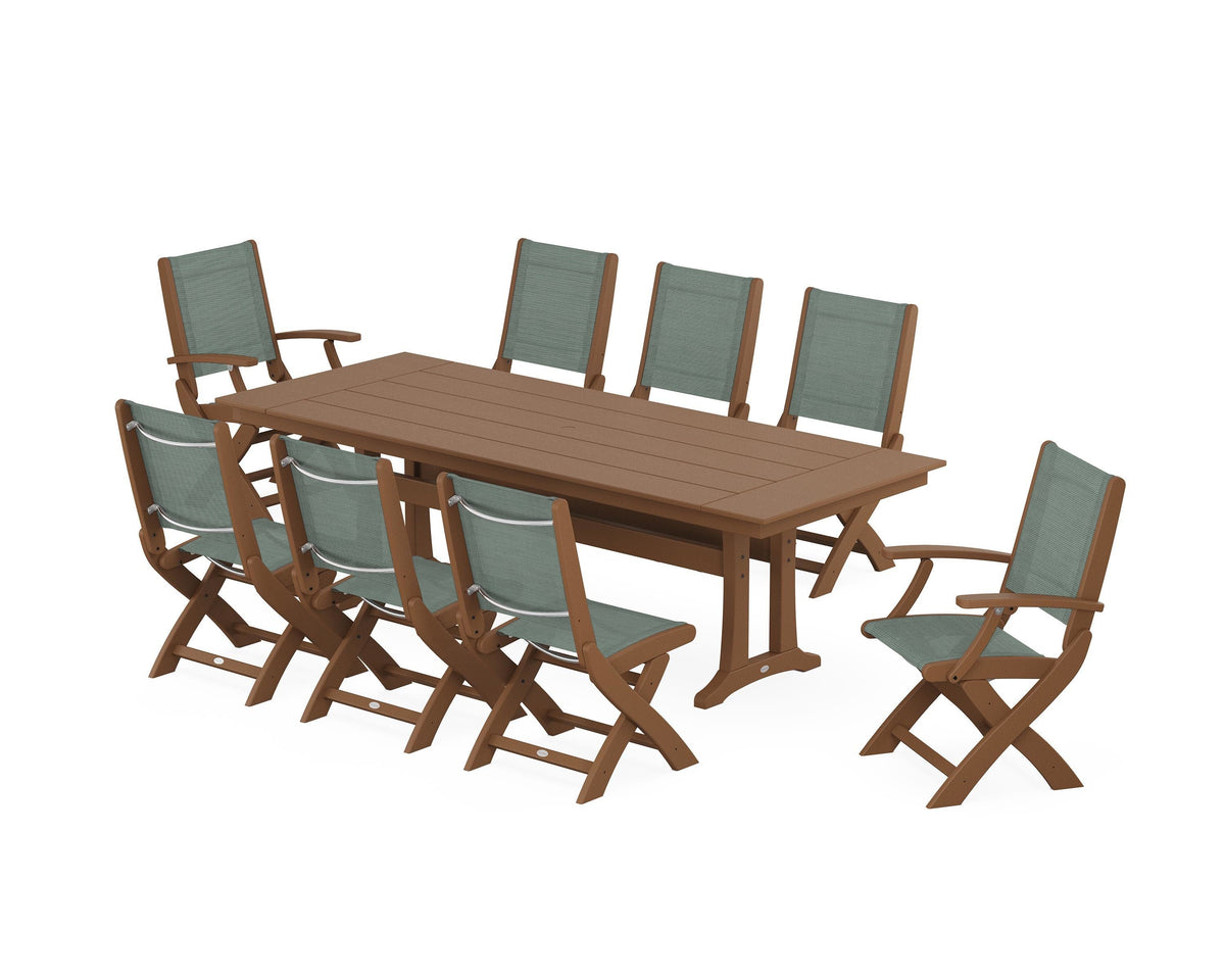 POLYWOOD Coastal 9-Piece Folding Dining Chair Farmhouse Dining Set with Trestle Legs in Teak / Dupioni Sea Mist