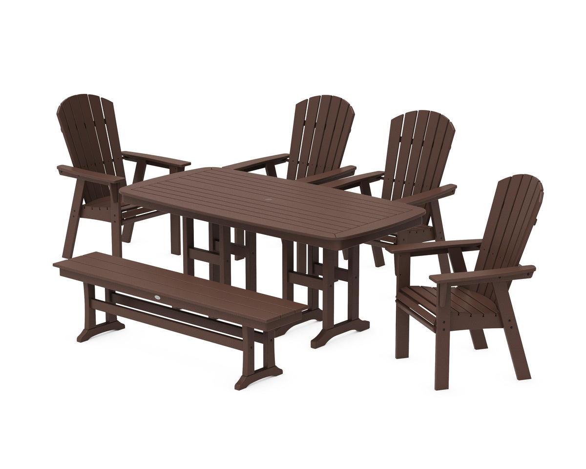 POLYWOOD Nautical Curveback Adirondack 6-Piece Dining Set with Bench in Mahogany