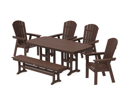 POLYWOOD Nautical Curveback Adirondack 6-Piece Dining Set with Bench in Mahogany