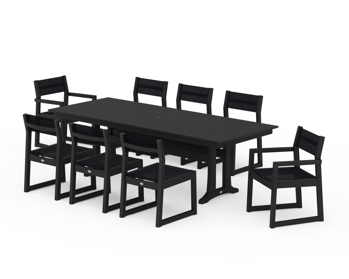 POLYWOOD EDGE Sling 9-Piece Farmhouse Trestle Dining Set in Black / Black