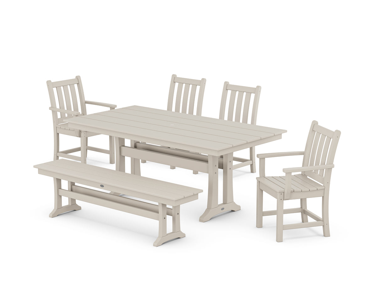 POLYWOOD Traditional Garden 6-Piece Farmhouse Dining Set with Trestle Legs and Bench in Sand