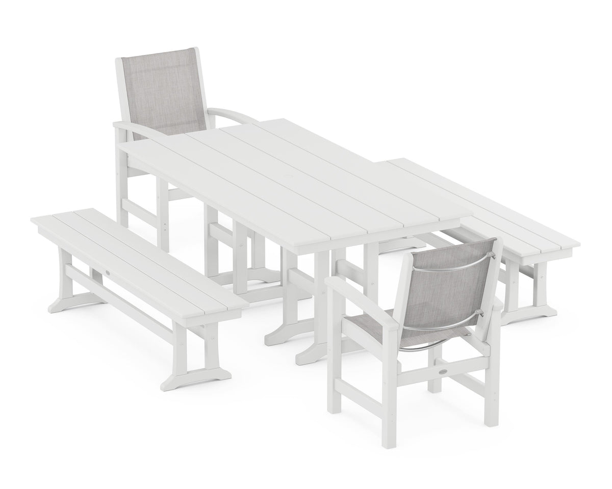 POLYWOOD Coastal 5-Piece Farmhouse Dining Set with Farmhouse 37" x 72" Dining Table in White / Parchment