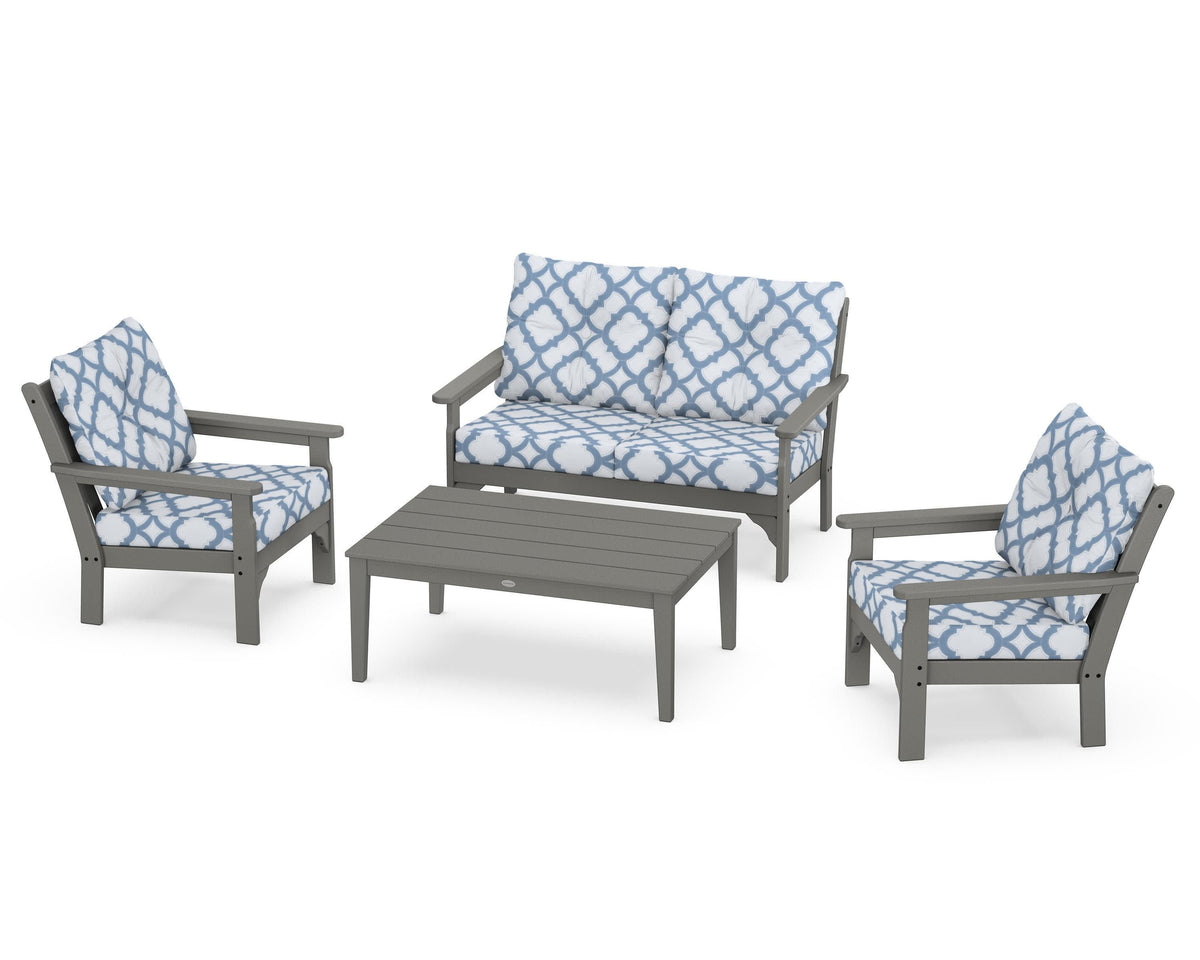 POLYWOOD Vineyard 4-Piece Deep Seating Set with Two Chairs and Loveseat in Slate Grey / Trellis Sky Blue