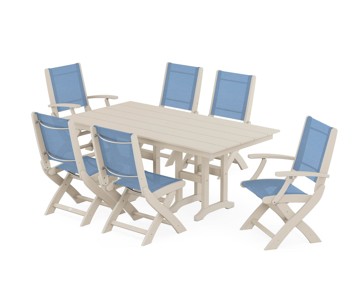 POLYWOOD Coastal Folding Chair 7-Piece Farmhouse Dining Set in Sand / Poolside