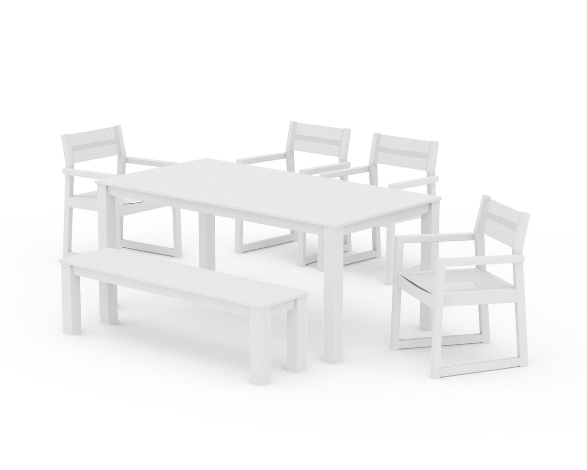 POLYWOOD EDGE Sling Arm Chair 6-Piece Parsons Dining Set with Bench in White / White