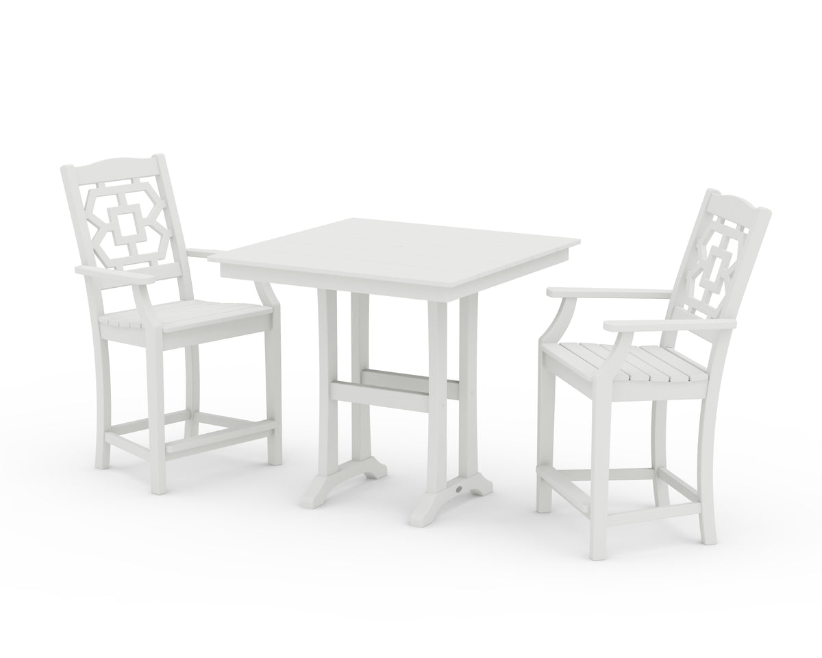 POLYWOOD Chinoiserie 3-Piece Farmhouse Counter Set with Trestle Legs in Vintage White