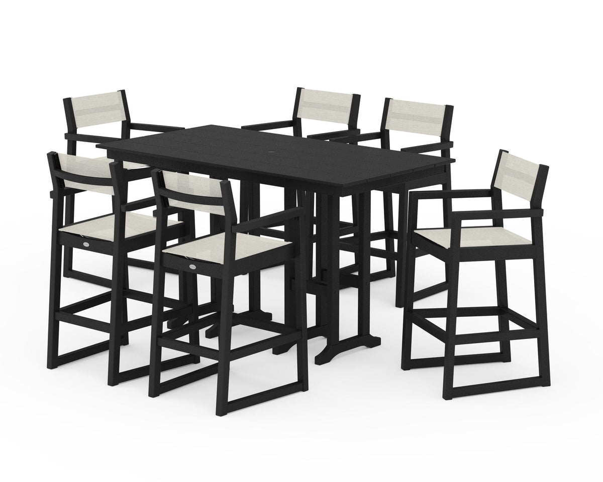 POLYWOOD EDGE Sling Arm Chair 7-Piece Farmhouse Bar Set in Black / Parchment