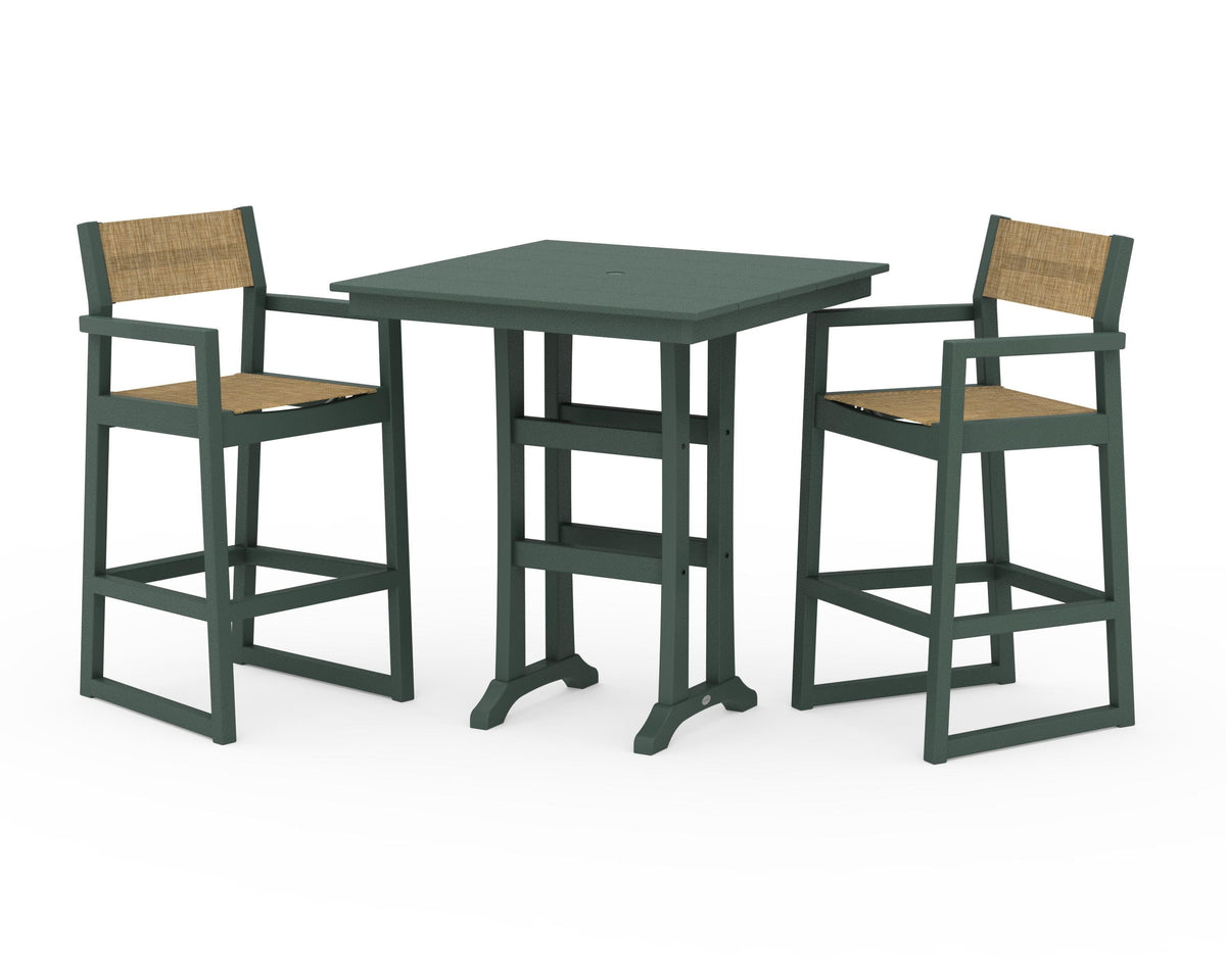 POLYWOOD EDGE Sling Arm Chair 3-Piece Farmhouse Bar Set with Trestle Legs in Green / Burlap