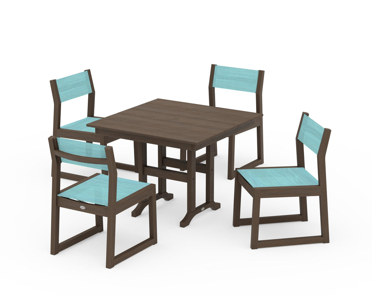 POLYWOOD EDGE Sling Side Chair 5-Piece Farmhouse Dining Set in Kona / Dupioni Aquamarine